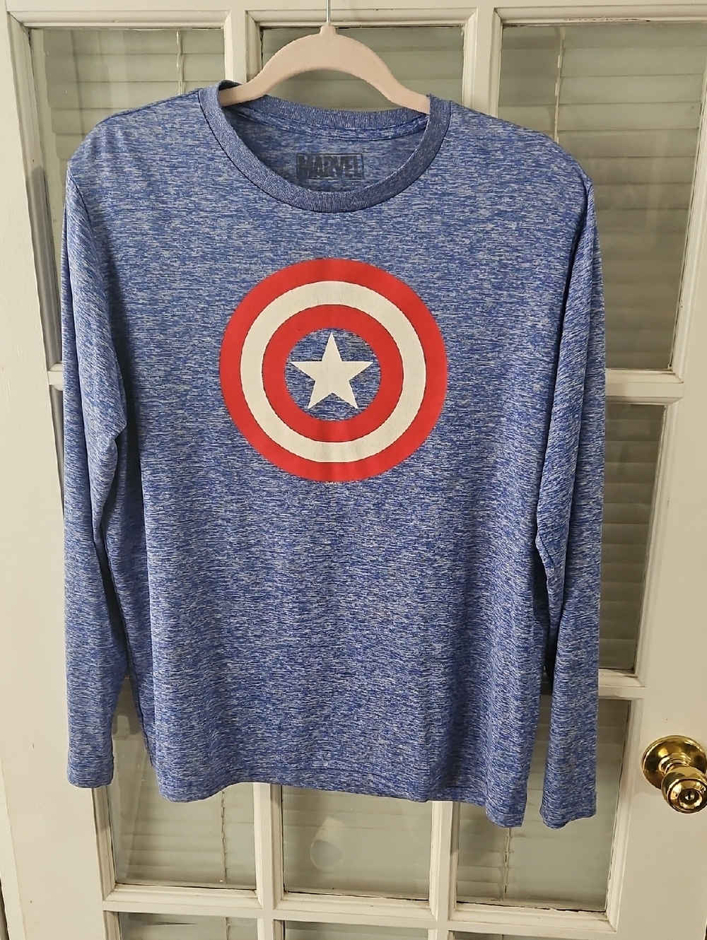 ❤️Captain America Shield Long Sleeve Tee in Heather Blue. Sz L